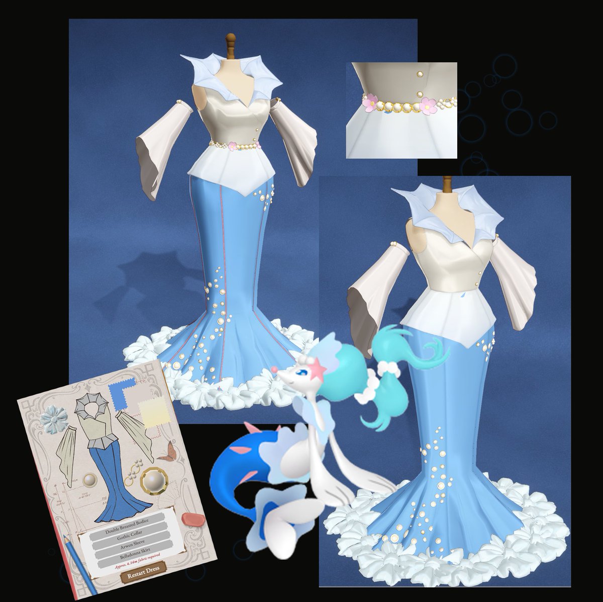_fairybees's tweet photo. Primarina inspired gown. I did a few options, and may have gone overboard with details lol https://t.co/DdaT8dggYI