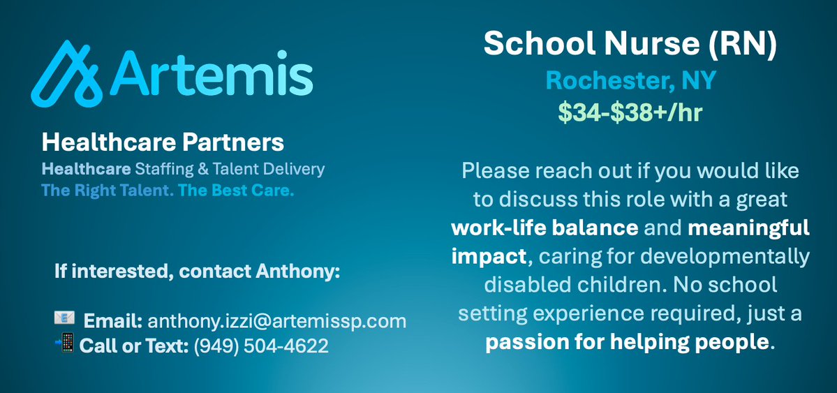 AntIzziArtemis's tweet photo. Artemis Healthcare seeks School Nurse (RN) - Rochester, NY. Pay: $34-38+/hr. Apply or email resume: anthony.izzi@artemissp.com
https://t.co/zjg1acAqQa
#jobsearch #hiring #healthcare #Careers #job #Registered #Nurse #RN #RochesterNY #role #position #children #school https://t.co/7KiRlwiBx5