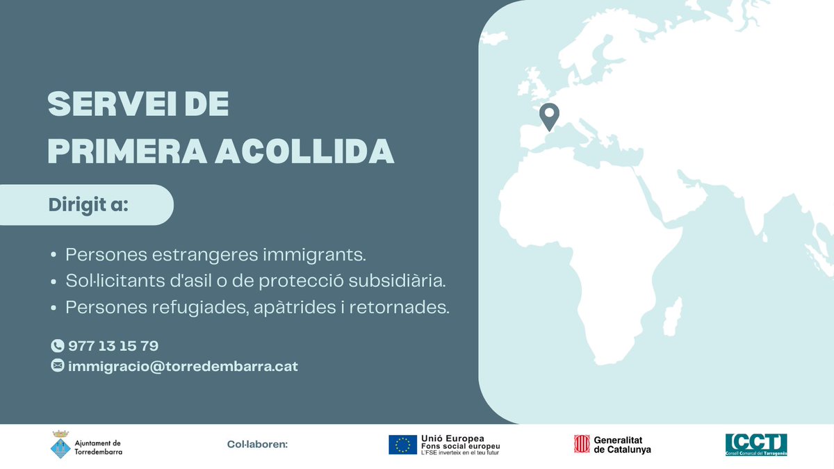 AjTorredembarra's tweet photo. El servei de primera acollida de la Regidoria d’Acció Social i Igualtats #Torredembarra està dirigit a 👇🏼

➡️ Persones estrangeres immigrades
➡️ Sol·licitants d’asil 
➡️ Persones refugiades, apàtrides i retornades

🕘 De 9 a 14 h
 📱 977 13 15 79
 📧 immigracio@torredembarra.cat https://t.co/PkxmbeLHq7