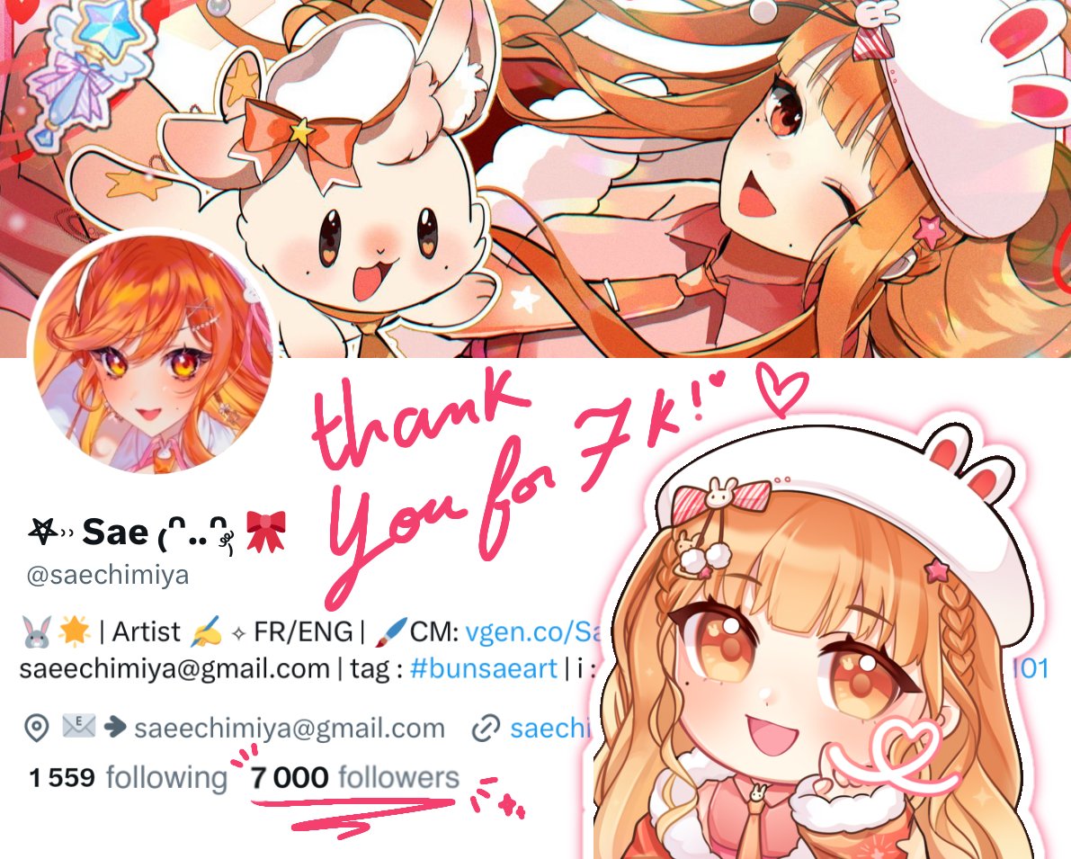 saechimiya's tweet photo. ꒰ ✦ Thank you now we are 7K chimis!! ໒꒰ྀི´ ˘ ` ꒱ྀིა🎀🧡 ⋅˚₊‧ 

I'm so happy!! I'll continue to work hard on comms and give my best!! 🥰 https://t.co/CwTc663tYh