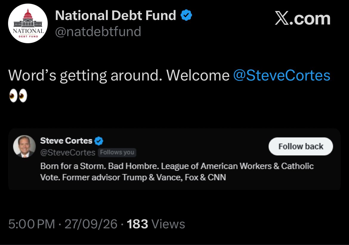 OxSun0x's tweet photo. 🇺🇸 $DEBT is getting attention.

@SteveCortes, former Trump &amp; Vance advisor, follows the page. 

Now imagine if Trump himself showed support… 👀

What happens next? 🇺🇸 https://t.co/HqKvedUV0I