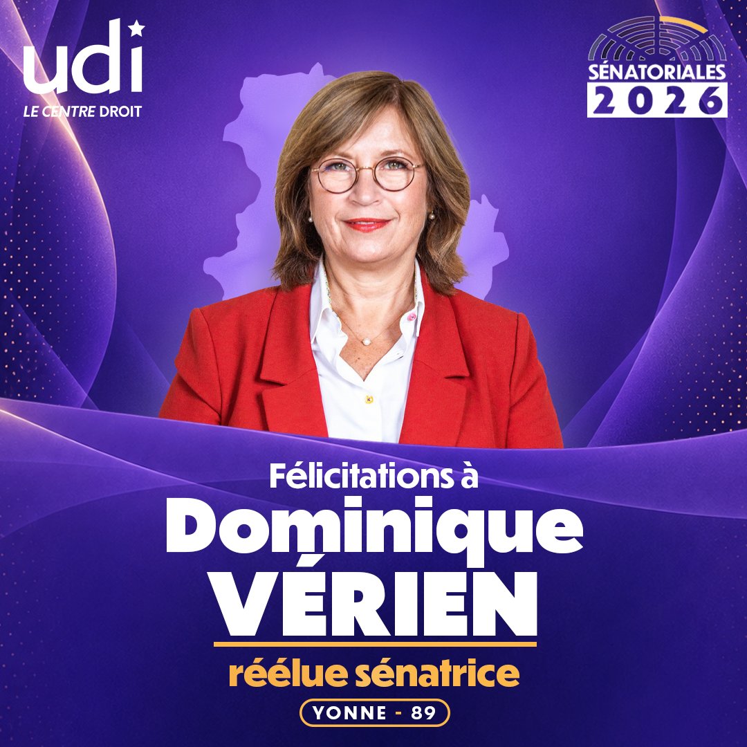 UDI_off's tweet photo. Félicitations à Dominique Vérien (@verienparent) réélue sénatrice de l'Yonne.
#Sénatoriales2026 https://t.co/y8F76xTuSk