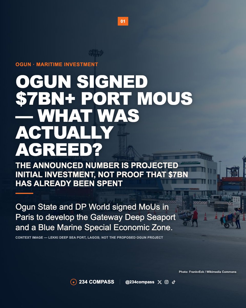 234compass's tweet photo. Ogun State and DP World signed MoUs for the Gateway Deep Seaport and a 10,000-hectare Blue Marine Special Economic Zone.
The projects are expected to attract over $7bn in initial investment and create 50,000+ direct jobs when fully developed.

Here’s what was actually signed...🧵 https://t.co/EhTvFMHsES