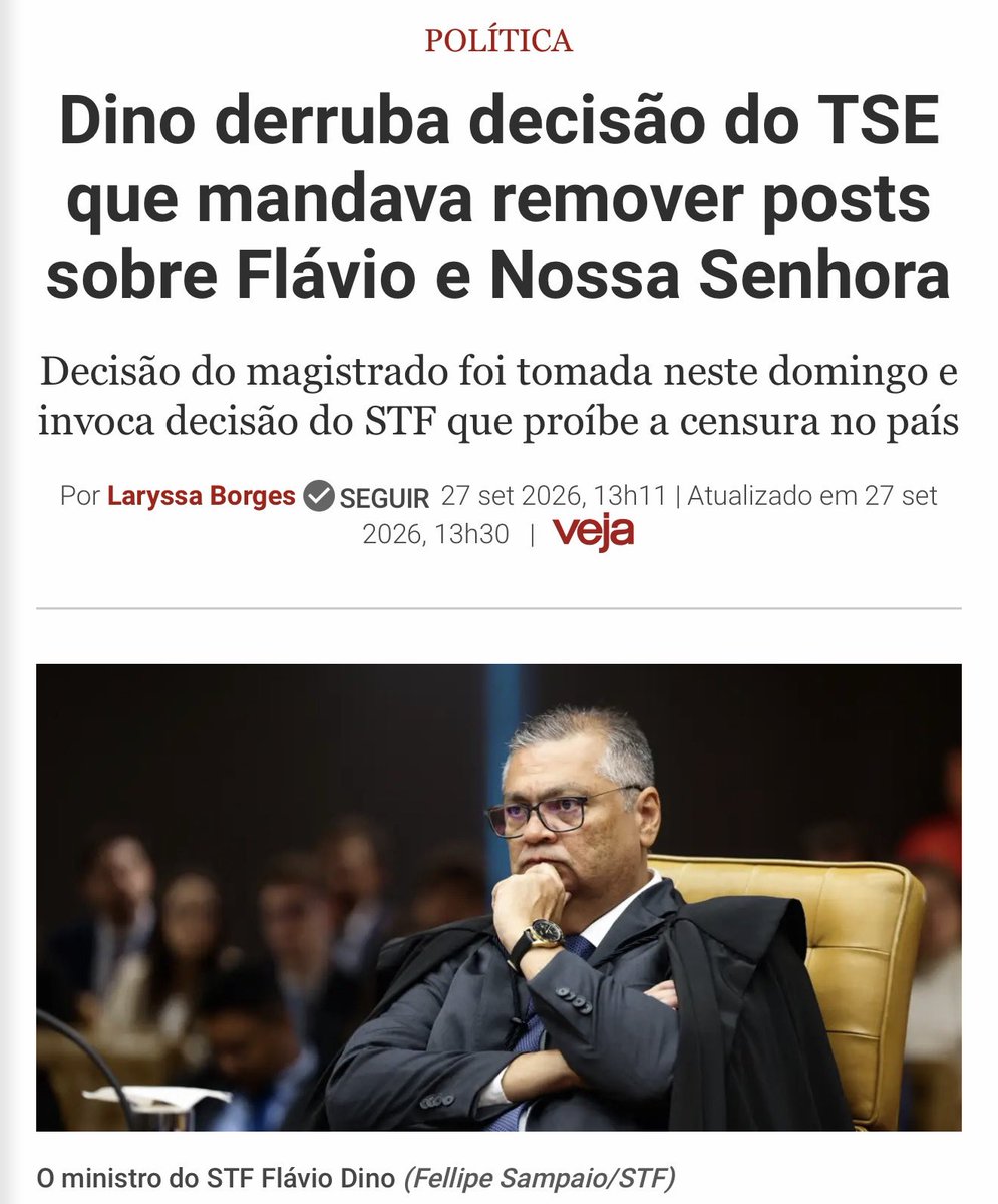 rafacouto1988's tweet photo. DINO FECHA O TSE?

Flávio Dino derrubou a decisão de André Mendonça, no TSE, que determinava a remoção de publicações sobre Flávio Bolsonaro e Nossa Senhora Aparecida.

Na prática, um ministro do STF anulou a ordem do vice-presidente do TSE, citando entendimento contra censura. 

E aí fica a pergunta: afinal, quem manda no TSE?