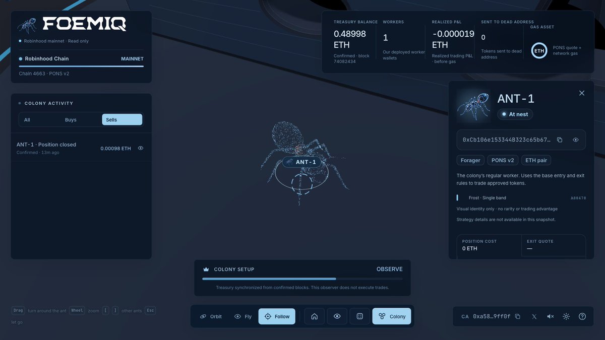 Foemiq_'s tweet photo. Click ANT-1 to open its wallet profile. You'll find its address, role, current position and realized P&amp;L in one place. The worker is back at the nest after closing its position. https://t.co/WSnPlZdpM6