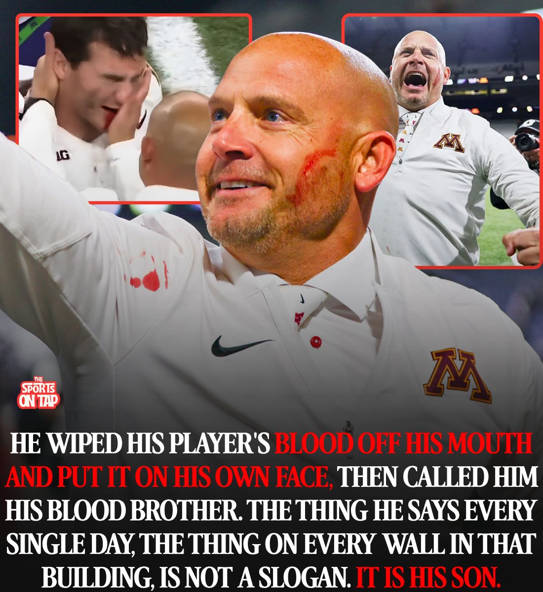 thesportsontap's tweet photo. On the last play of the game in Seattle Saturday night, a cleat caught Maverick Baranowski in the mouth.

He came off the field bleeding. His head coach grabbed him and hugged him.

Then P.J. Fleck took both hands, wiped the blood off his player's mouth, and smeared it across his own left cheek.

"Blood brother."

Fleck, on why.

"Back in the day, I'm sure that's what they did, the frontiersman out West. Little blood on there I guess."

The Minnesota Golden Gophers had just beaten the 23rd ranked Washington Huskies 27-24 in Seattle. Their first road win in two years.

Drake Lindsey threw three touchdown passes in the first half. The defense had seven sacks and two interceptions. Washington came all the way back behind Demond Williams Jr. Minnesota sealed it with an onside kick recovery.

Baranowski is a senior linebacker. Five years in that program.

"It's a great moment. Winning's hard in the Big Ten, and when you get to win at a place like this, just so exciting. My head coach always having my back for the last five years. I love that guy more than anyone."

His teammate Javon Tracy watched the whole thing.

"I would never do that, but P.J., he's different, man. Like, he's crazy. He's very energetic."

Everybody knows Fleck for the other thing he says. Row the Boat. It is on the shirts and the walls and the oars they carry onto the field. Most people hear it and file it under rah rah coach stuff.

Here is where it actually comes from.

On February 9, 2011, P.J. Fleck's second son died shortly after he was born. A heart defect. His name was Colt.

Fleck was 30 years old, a position coach at Rutgers, nobody in particular.

"As you hold your son as he passes away, your whole life changes. What you believe in, how you've believed in it, all changes."

He built the whole thing out of that.

"Row the Boat is really my second son's life as I continue to live his life for him. It's his life."

He breaks it into three pieces. The oar is the energy you bring. The boat is the sacrifice. The compass is who you surround yourself with.

And it is worth knowing that Fleck barely made it himself. He was a receiver at Northern Illinois who caught 77 passes for 1,028 yards as a senior. Nobody drafted him. The San Francisco 49ers signed him anyway, and he spent 2004 mostly on the practice squad and all of 2005 on injured reserve with a bad shoulder. That was his NFL career.

He went to Western Michigan in 2013 and inherited a team that went 1-11. Three years later they went 13-1.

So when a 22 year old comes off the field with his mouth bleeding and the coach puts that blood on his own face and calls him his brother, people watch it and say he is crazy.

He is not crazy.

He is a man who held a son for the last time in 2011 and has spent fifteen years making sure nobody around him ever feels alone in a hard moment.