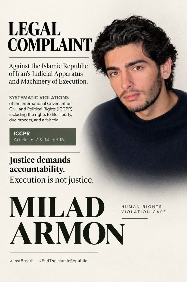 FARKHAN_18_19's tweet photo. 3/3🚨👇
LEGAL COMPLAINT
Against the Islamic Republic’s judicial system
Systematic violations of ICCPR
(Articles 6, 7, 9, 14 &amp; 16)
Milad Armon
Human rights violation case
Execution is not justice.
#LastBreath
#StopExecutionsInIran
#KingRezaPahlaviForIran https://t.co/FzlgfNbrsy