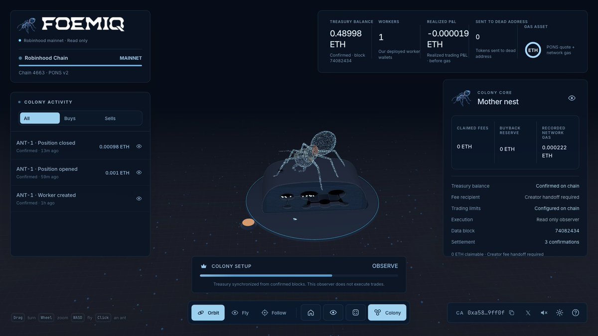 Foemiq_'s tweet photo. FOEMIQ is easier to understand with the colony open. The nest, treasury balance and confirmed activity sit in one view.  https://t.co/TNbIZcQWbi https://t.co/t2uNYOHF4r