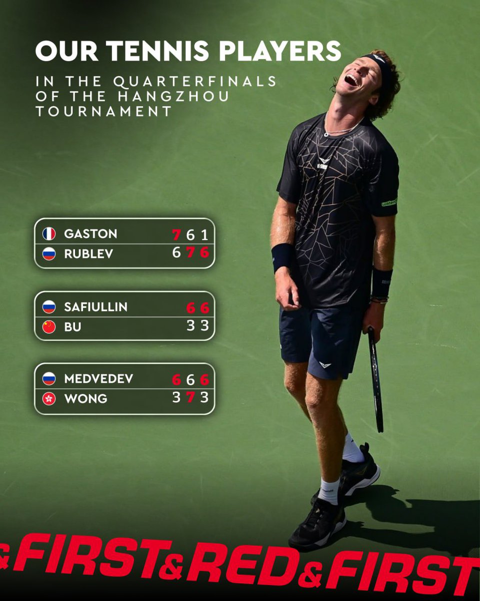 Firstandred's tweet photo. ⚡️ An all-Russian semifinal awaits us in Hangzhou

Rublev, Safiullin, and Medvedev have advanced to the semifinals of the tournament in China — though not without a struggle. And at least one of them is guaranteed a spot in the final! https://t.co/9U5ARTBuVr