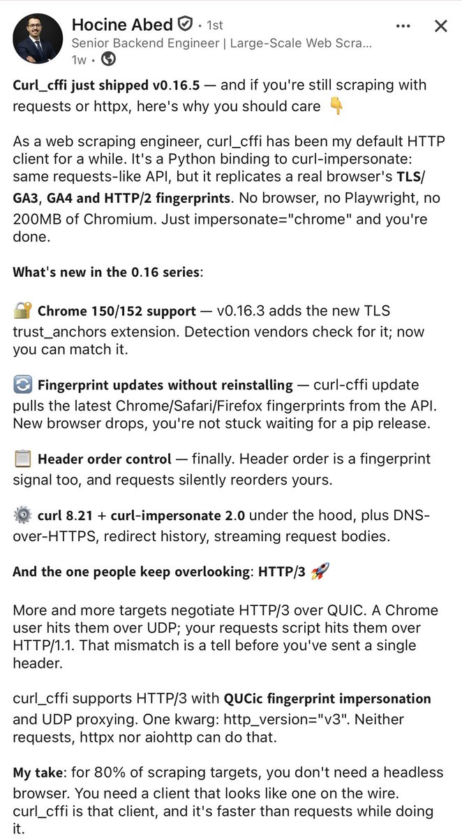 greco_dev's tweet photo. reforçando minha opiniao com esse post

80% (ou mais) dos sites que vc vai extrair não precisam de browser, scraping por req eh vida

curl_cffi é a lib que mais utilizo no dia a dia p isso, foi um gamechanger qnd descobri https://t.co/RsKf4cSN6j