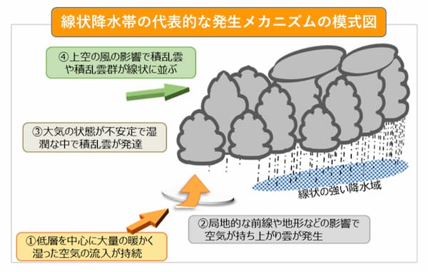 payitforwardjp2's tweet photo. 🚨【線状降水帯とは？】

《名古屋、千葉冠水の真犯人》

==========

1. 【概要】

- 細長い帯のように並んだ、発達した雨雲（積乱雲）が、次々と発生して、同じ場所を通過することにより、集中的な豪雨が発生すること。

- 各高度の風など複数の要素が複雑に関係しており、そのメカニズムの詳細については不明な点が多いのが現状。

==========

2. 【主要な線上降水帯の型】

- 3つの型の違いは、下層風（低い高さを吹く風）と、中層風（中くらいの高さを吹く風）の向きの違い。

- 新しい雨雲（積乱雲）が発生する位置と、積乱雲が移動する方向が変わる。 
結果として、積乱雲群の形や移動の仕方＝降水域の形・動きが変わる。

① バックビルディング型：（最も多いケース）

- 下層風と中層風の向きが同じ方向。

- 雨雲（積乱雲）が風下へ移動すると、その後方（風上側）の同じ場所で新しい雨雲（積乱雲）が発生する。これを繰り返すため、雨雲（積乱雲）が列を作って同じ地域を次々と通過し、長時間の豪雨になる。

② バックアンドサイドビルディング型

- 下層風の真横に中層風に吹く。中層風の風向きは下層風の風向きに対して直角方向に吹く。

- バックビルディング型と同じく後方で新しい積乱雲が発生するが、さらに側方でも発生する。そのため、雨雲（積乱雲）の列が後方だけでなく横方向にも拡大し、降雨域が広がる。

③ スコールライン型

- 下層風と中層風の向きが逆方向。相対する方向に吹く。

- 多数の雨雲（積乱雲）が一つの長い列を形成し、その列全体が移動する。そのため、一地点に豪雨が長時間停滞するより、強い雨の帯が地域を移動していく。

==========

3. 【線状降水帯のメカニズム】

(1) 暖かい海面で大量の水蒸気を含んだ空気が発生する。（太平洋・東シナ海など）

(2) 高気圧や、低気圧、前線などの気圧配置に関係して継続的な風が発生する。

(3) 風が大量の水蒸気を含んだ空気を特定地域へ継続的に運ぶ。

(4) 大量の水蒸気を含んだ空気は、温かいため比重が軽く上昇する。（山など地形により上昇する場合もある）

(5) 上昇した空気が冷えて積乱雲が発達する。

(6) 暖かく湿った空気の供給が続くため、積乱雲が同じ地域に次々と発生する。

(7) 積乱雲が次々と同じ場所を通過し、強い雨を降らせ続ける。

#線状降水帯
#冠水
#洪水
#台風