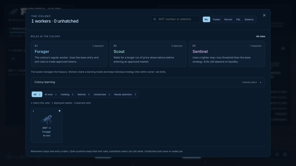Foemiq_'s tweet photo. Forager, Scout and Sentinel describe three different rule sets: base execution, a longer observation window and a tighter stop threshold. Open Colony to compare them. The cards also show how many wallets are actually deployed. https://t.co/MjJOejYLlo