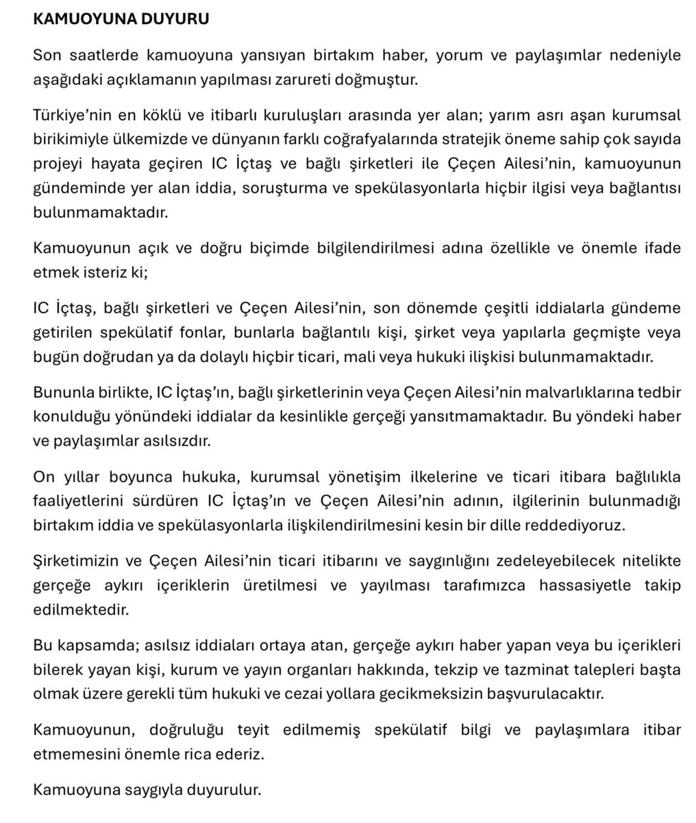 tahtanotlari's tweet photo. 🚨 #SONDAKİKA | IC HOLDING, 53 MİLYAR TL İDDİASINI YALANLADI

Barış Yarkadaş, kısa süre önce paylaştığı “TERA'dan 53 milyar TL'yi Çeçenler / IC Holding çekti” iddiasının ardından şirketten kendisine açıklama geldiğini duyurdu. Söz konusu 53 milyar TL iddiası bugün farklı haber kaynaklarına da Yarkadaş'ın iddiası olarak yansımıştı. 

Yarkadaş'ın aktardığına göre IC Holding / Çeçenler şu açıklamayı yaptı:

“Bizim TERA’da değil bu sistemin dışındaki fonlarda yatırımımız var. Sıkıntılı bir durumumuz yok.”

Yani şirket, TERA'da yatırımı bulunduğu iddiasını kabul etmiyor.

Şimdi 53 milyar TL iddiasını ortaya atan tarafın elindeki kayıtların ve şirketin açıklamasının karşılaştırılması gerekiyor.

53 milyar TL gerçekten çıktı mı? Çıktıysa hangi fondan, hangi tarihte ve hangi hesaba gitti?

Bu büyüklükte bir iddia sosyal medya tartışmasıyla kalmamalı. MKK, Takasbank ve ilgili kurumların kayıtları meseleyi netleştirebilir.

@spkgovtr @HMBakanligi @Takasbank @MerkeziKayitTur

#FonMağdurlarıAçıklamaBekliyor #FonMağdurları #TeraFonMağdurları #paramıznerede