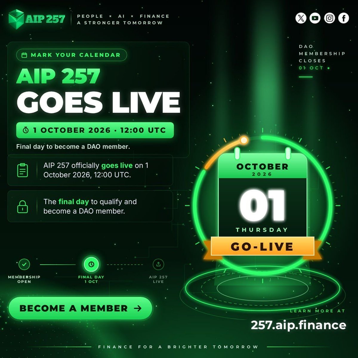 AIPF_official's tweet photo. AIP 257 Goes Live — 1 October 2026, 12:00 UTC

Mark your calendar. On 1 October 2026 at 12:00 UTC, AIP 257 officially goes live — and it is also the final day to become a DAO member.

To qualify for DAO membership, ensure your eligibility is in place before the deadline. Once the window closes, no new DAO memberships will be accepted for this cycle.

1. Go-live: 1 October 2026, 12:00 UTC

2. Final day for DAO membership: 1 October 2026, 12:00 UTC

Secure your position ahead of launch.

Learn more: https://t.co/se6h7H5Cri

People × AI × Finance — a stronger tomorrow, built together.

#AIP257 #DAO #Governance #DeFi #Web3 #Launch
