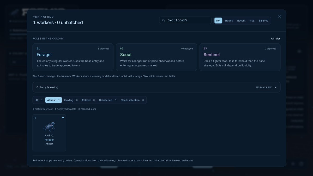 Foemiq_'s tweet photo. Find a worker by its wallet address or ANT number. Colony search works alongside the state filters, so you can narrow the view to workers at the nest, holding a position or needing attention. https://t.co/d22HLQH1Cn