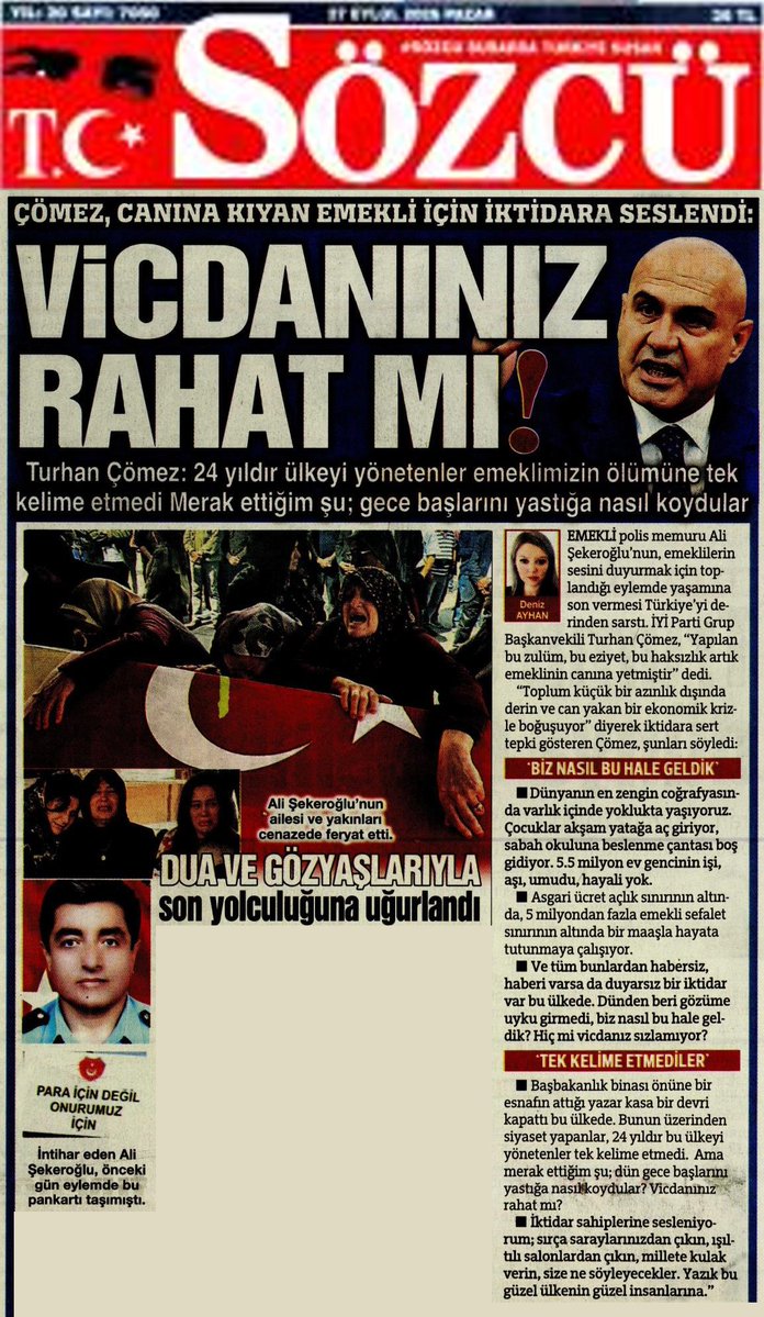 ComezTurhan's tweet photo. ➖Toplum, küçük bir azınlık dışında, derin ve can yakan bir ekonomik krizle boğuşuyor.
➖Dünyanın en zengin coğrafyasında, en verimli topraklarında varlık içinde yoklukta yaşıyoruz.

➖Ülkenin nesi var nesi yoksa satılmış, milletten trilyonlarca dolar vergi toplanmış, güzelim ülke borç batağına batırılmış, derin bir sefalete ve kronikleşmiş bir ekonomik krize mahkûm edilmiş.

➖Çocuklar akşam yatağa aç giriyor, sabah okuluna beslenme çantası boş gidiyor.

➖5.5 milyon ev genci var; işi yok, aşı yok, umudu yok, hayali yok, çaresizce evinde bekliyor ama iktidarın parlak çocukları lüks ve sefahat içinde yaşıyor.

➖Kadınların tenceresi kaynamaz olmuş, buzdolapları boşalmış.

➖Asgari ücret açlık sınırının altında, 5 milyondan fazla emekli sefalet sınırının altında bir maaşla hayata tutunmaya çalışıyor.

➖Çiftçi tarlasını ekemez, esnaf iş yerini açamaz olmuş.

➖Ve tüm bunlardan habersiz, haberi varsa da duyarsız bir iktidar var bu ülkede.

➖Hiç mi insan içine çıkmaz bunlar, hiç mi çarşıya pazara gitmez, hiç mi kimsenin hâlini hatırını sormaz?

➖AKP iktidara gelmeden önce emekli bir maaşıyla 12 çeyrek altın alıyordu, şimdi iki çeyrek altını zor alıyor, emeklinin her ay 10 çeyrek altını nereye gitti, kim aldı, kim çaldı?

➖60 yaşında bir polis emeklisi vatandaşımız canına kıydı, "geçinemiyorum" dedi, "torunum oldu altın takamadım" dedi ve bastı tetiğe, kıydı canına.
➖Meslek hayatımda yıllarca bu tür travma vakaları ile uğraşmış biri olarak gözüme uyku girmedi, biz nasıl bu hâle geldik?
➖Elim hadiseyi duyduğumda hastaneye koştum, meslektaşlarım emekli polisimizi hayata döndürmek için canla başla uğraşırken oradaydım. Ne yazık ki olmadı, hayata tutunamadı.

➖Başbakanlık binası önüne bir esnafın attığı yazar kasa bir devri kapattı bu ülkede. Bunu yıllarca diline dolayanlar, bunun üzerinden siyaset yapanlar, 24 yıldır bu ülkeyi yönetenler bu elim hadiseyle ilgili hâlâ tek bir kelime etmedi. Edemediler mi, etmediler mi bilmiyorum, ama merak ettiğim şu; o gece başlarını yastığa nasıl koydular?

➖İktidar sahiplerine bir kez daha sesleniyorum, yeniden çağrıda bulunuyorum; sırça saraylarınızdan çıkın, ışıltılı salonlardan çıkın, millete kulak verin bakın size ne söyleyecekler.

➖Yazık bu güzel ülkeye, yazık bu güzel ülkenin güzel insanlarına.