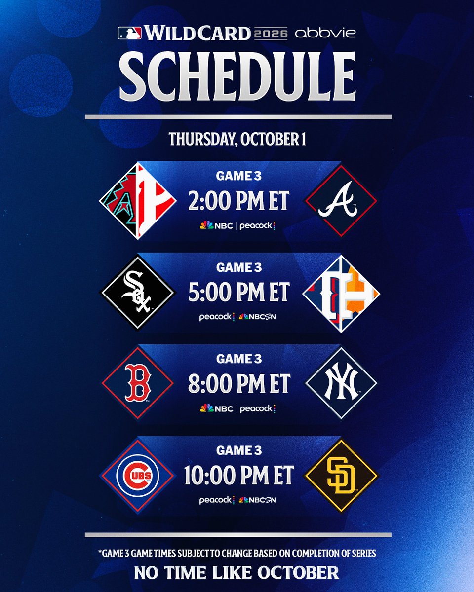 The Wild Card schedule is here! #Postseason

(MLB x @​AbbVie) 
 [📷](https://pbs.twimg.com/media/HTPLYLoXYAAlIVC.jpg) [📷](https://pbs.twimg.com/media/HTPLZ3MXM