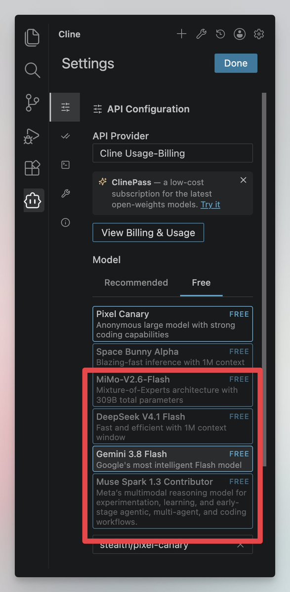 vista8's tweet photo. VS Code 安装 Cline 插件后。

可以免费用Gemini 3.8 Flash、DeepSeek V4.1 Flash、MiMo-V2.6-Flash、Muse Spark 1.3 Contributor 等模型。 https://t.co/7S4d4OCyWN