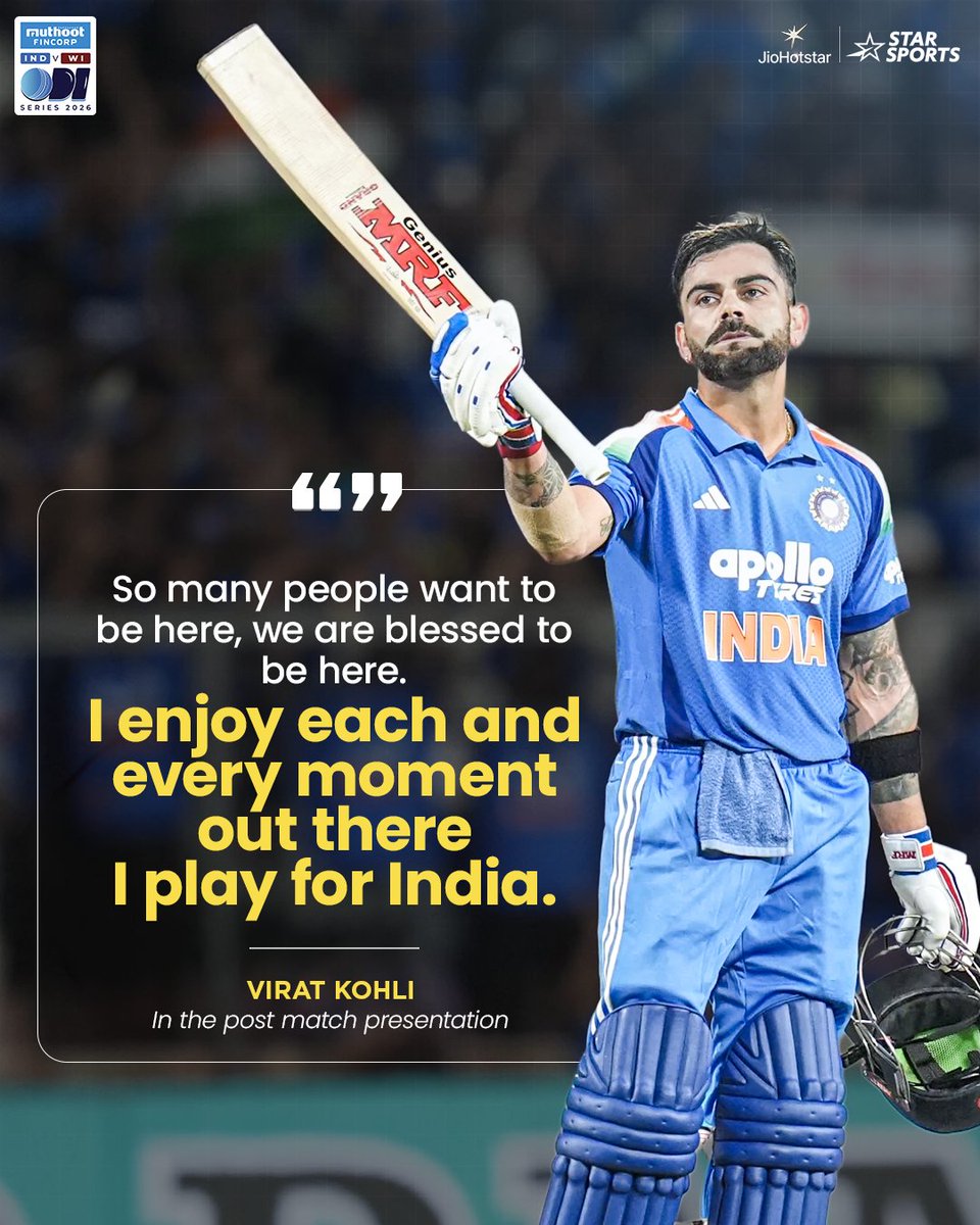 StarSportsIndia's tweet photo. Virat Kohli sums up what wearing the India jersey means to him after another special night 👑🇮🇳

WATCH #INDvWI | 2nd ODI 👉 WED, 30th SEP, 1 PM https://t.co/YuoM6LqGn4