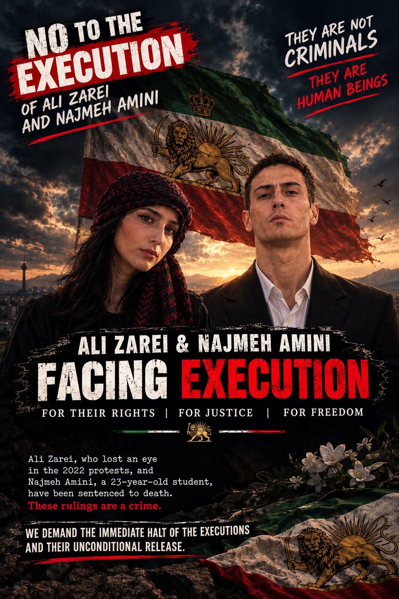 dukhtreariaei's tweet photo. No to the execution of Ali Zarei &amp; Najmeh Amini❗️❗️
They have been sentenced to death. This is a crime.
Stop the executions. Free them now.

#EndTheIslamicRepublic 
#LastBreath https://t.co/bNFZ01kMNV