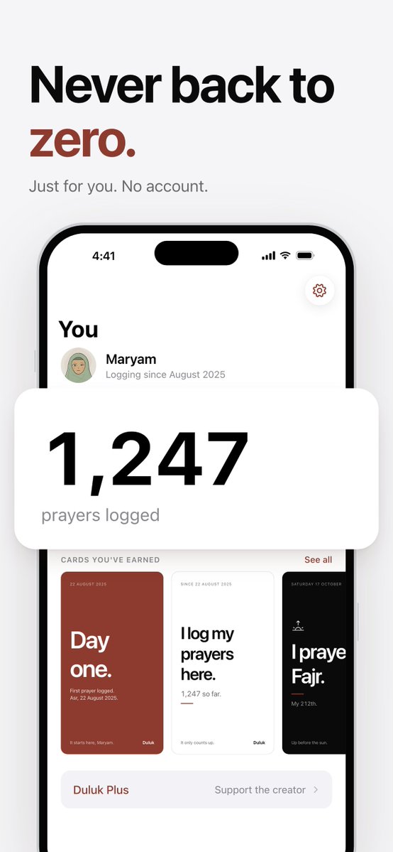 arhamOTG's tweet photo. the best idea for my prayer app came from a gym app

hevy never shows you a streak. it just says this is your 472nd workout. miss two weeks, come back, it's your 473rd..

so that's what Duluk does with prayers. the number only goes up and it can't reset https://t.co/VWShTX0q5u