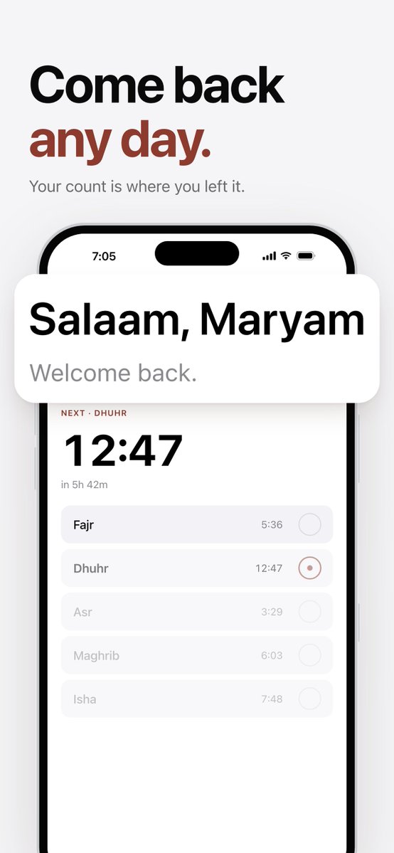 arhamOTG's tweet photo. the best idea for my prayer app came from a gym app

hevy never shows you a streak. it just says this is your 472nd workout. miss two weeks, come back, it's your 473rd..

so that's what Duluk does with prayers. the number only goes up and it can't reset https://t.co/VWShTX0q5u