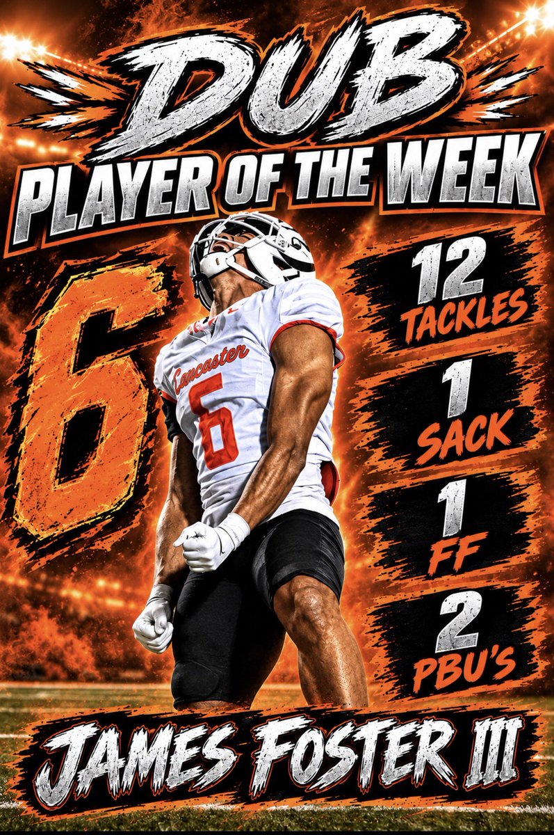 jmc_fam's tweet photo. Shoutout to @LancasterFBwebo DB @2wayFoster #TheDub defensive player of the week π«‘π― @coachsjacksonjr @Triple_Doughboy @TotrTrack #Txhsfb #webo #blackstripes https://t.co/pR7ZsmvrwR