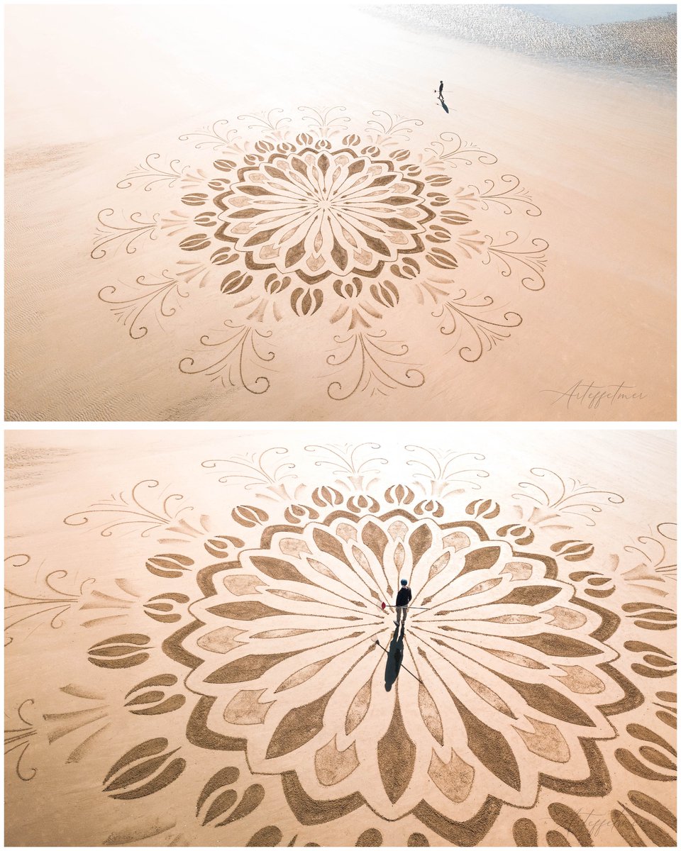 KayleenWeimx's tweet photo. I almost missed the chance to capture images of my latest creation! After spending hours creating on the beach, I decided to use my drone to finally see it from above. But the remote wouldn’t start! With only a few hours before high tide, I had to https://t.co/ZoVPkYczcJ