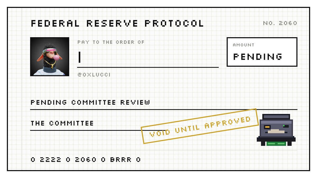 Oxlucci's tweet photo. Applied for a printer on the Federal Reserve. Spot 2060 of 2,222.

Dual mandate: maximum brrr, stable memes. https://t.co/kPxpiMXotm https://t.co/OhVzHqYefz