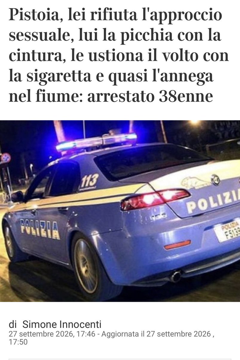 fratotolo2's tweet photo. Una ragazza italiana di 20 anni è stata sequestrata, picchiata e torturata da un 38enne dominicano con numerosi precedenti, il quale ha cercato anche di annegarla.

La giovane è stata salvata da un passante che, sentendo le urla, ha chiamato il 112. https://t.co/1aYwjcLk7V