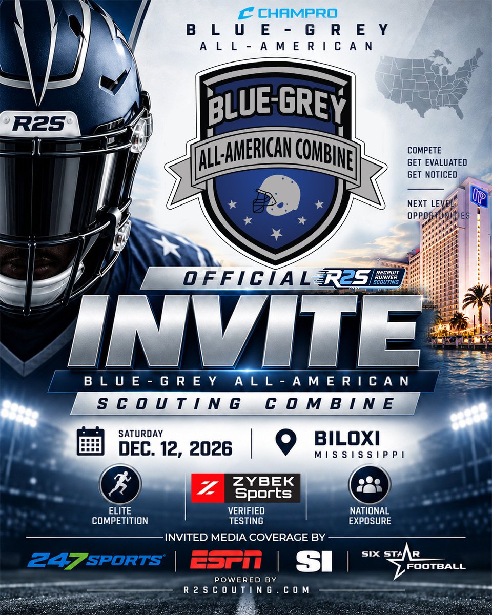 BlueGreyFB's tweet photo. The road to becoming a #BlueGreyFootball All-American comes through Biloxi, Mississippi, on December 12, 2026, as we're proud to announce plans for the brand's All-American Scouting Combine.

This invite-only opportunity is open to talented high school football players in the Class of 2028, 2029 and 2030. Come ready to compete, put your ability on display and receive an evaluation from some of the best in the business.

Athletes will participate in:

• Verified combine testing
• Position-specific drills
• Competitive one-on-one matchups
• Evaluations by experienced football scouts
• Consideration for future All-American opportunities

Your reputation will not earn your ranking. Your performance will.

📅 December 12, 2026
📍 Biloxi, Mississippi
🎓 Classes of 2028–2030

Space will be limited. Registration is now open. 

🔗 https://t.co/IuBN073B27

Get verified. Get evaluated. Get noticed.