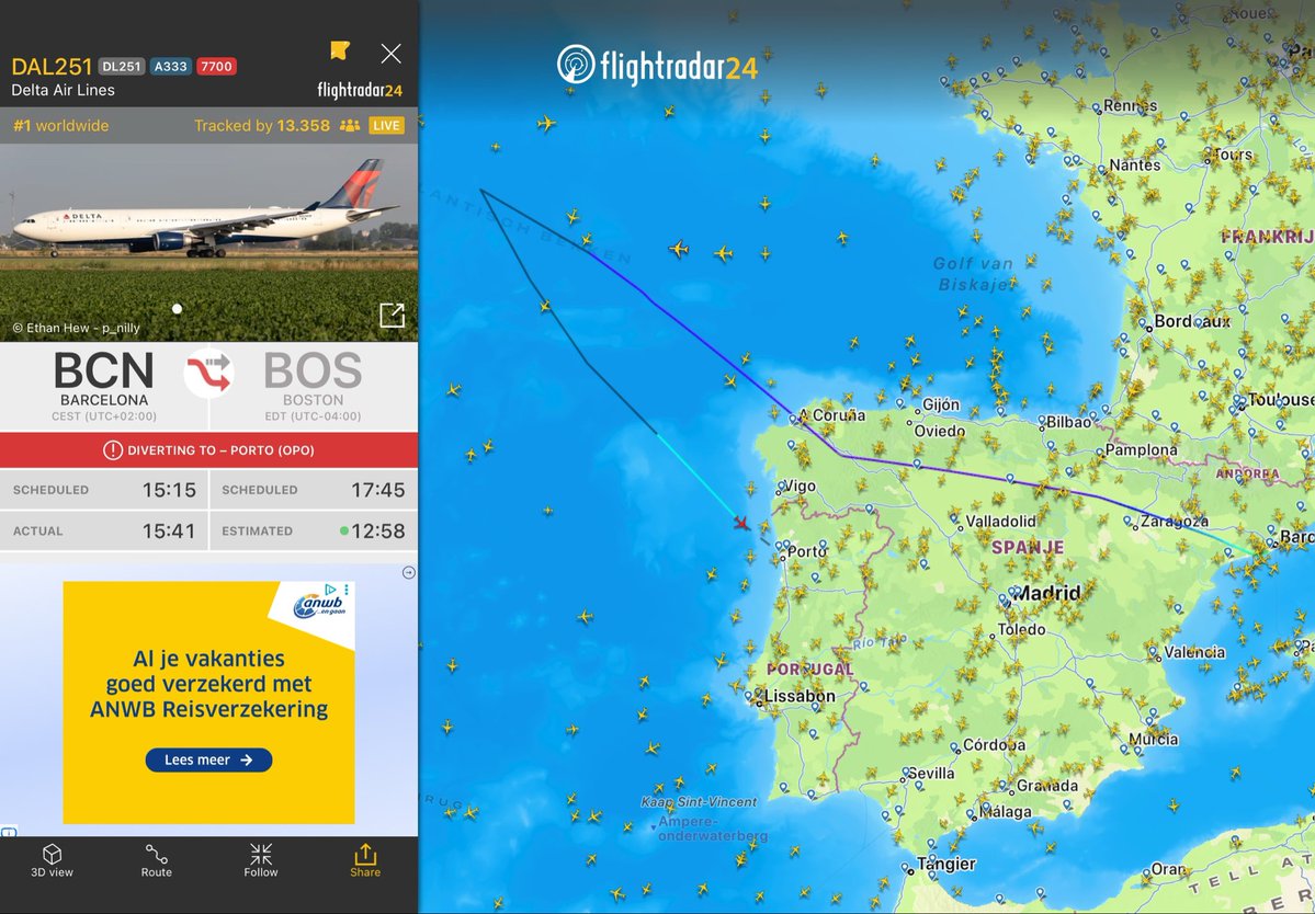 ernst83's tweet photo. Flight #DL251 from #Barcelona to #Boston
https://t.co/lY9X2wbwfG #squawk7700
Wijkt uit naar #Porto https://t.co/SUS8z7Ralg