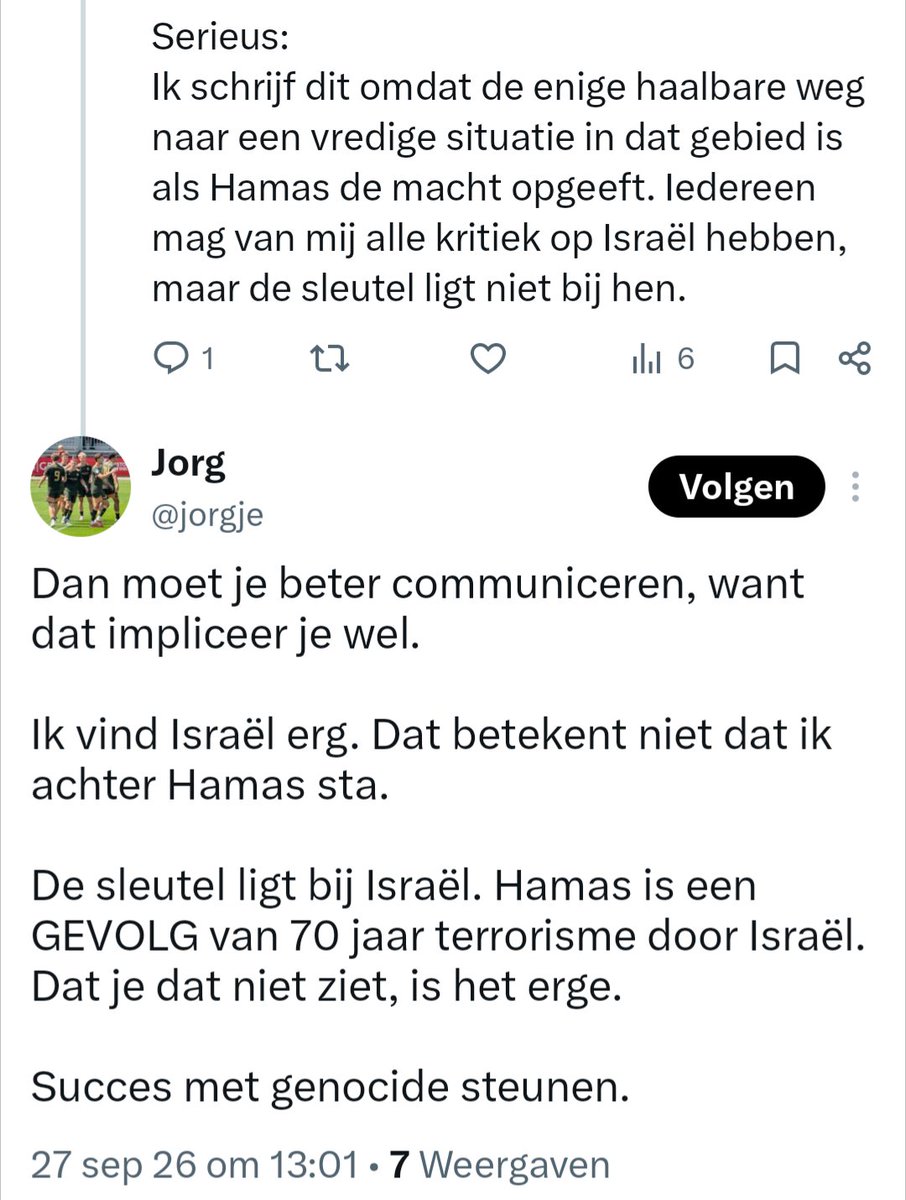 BlokIan's tweet photo. @jorgje @dz_ajacied Als reactie op @jorgje die graag het laatste woord heeft en DAARNA blokkeert: Israël houdt niet op te bestaan, hoe graag je dat ook wilt. 
Dus blijft er OF nog generaties strijd, OF Hamas stopt met bestaan. Zo zwart wit is het. https://t.co/yUsowKcRgP