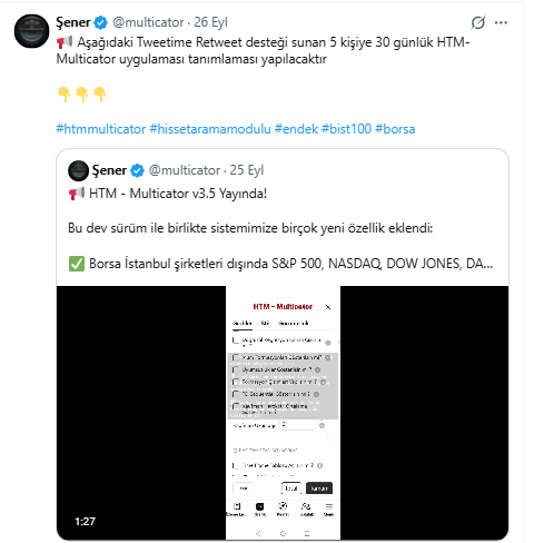 multicator's tweet photo. Retweet desteği sunan takipçilerime selamlar.

Görseldeki takipçilerimn DM den tarafıma Tradingview kullanıcı adlarını bildirirlerse 30 Günlük HTM-Multicator tanımlamalarını bu akşam yapayım

 #htmmulticator #hissetaramamodulu https://t.co/JYC4Ws50a7