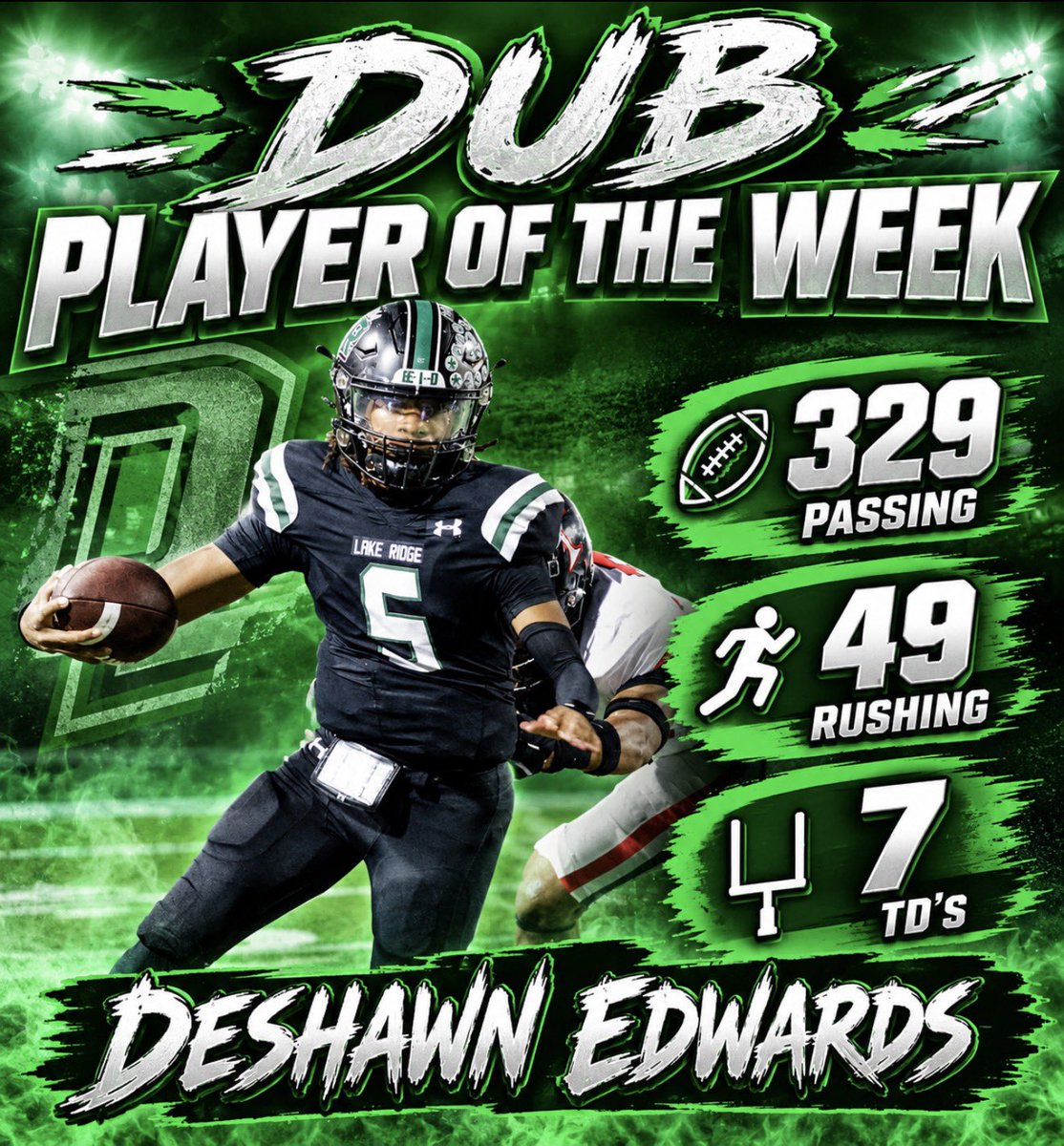jmc_fam's tweet photo. Shoutout to @DESHAWN_QB_PG QB @LakeRidgeFB on being #Thedub offensive player of the week @TotrTrack @Triple_Doughboy #txhsfb π«‘π― https://t.co/eE7UY1WoyD