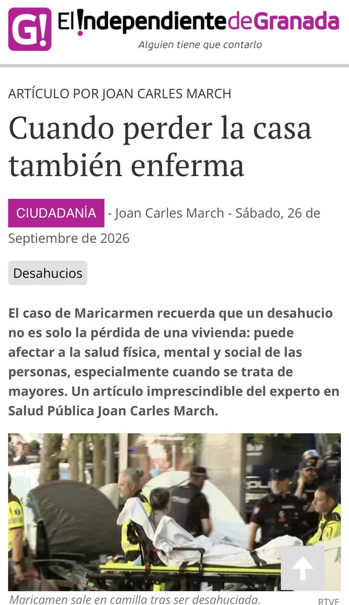 joancmarch's tweet photo. Cuando #perder la #casa también #enferma

Mi #artículo @IndeGranada

🔴https://t.co/5G3xsU2VDN

Maricarmen tiene 87 años y llevaba 70 viviendo en la misma casa. Miércoles salió de ella en camilla, después de su #desahucio. Ante desahucios 88% presenta #ansiedad y 91% #depresión https://t.co/D7PoZZGGMI