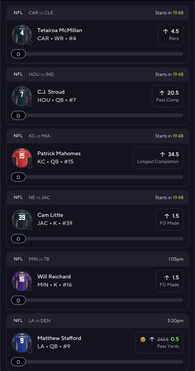 TopShelfSP's tweet photo. Yesterday, I hit BOTH PrizePicks Parlays.
Let’s run it back on NFL today 🚀

🏈 Matthew Stafford o0.5 Pass Yds
🏈 Will Reichard o1.5 FG Made
🏈 Cam Little o1.5 FG Made
🏈 Patrick Mahomes o34.5 Long Comp.
🏈 C. J. Stroud o20.5 Pass Comp.
🏈 Tetairoa McMillan o4.5 Receptions https://t.co/UjevdbmIYr