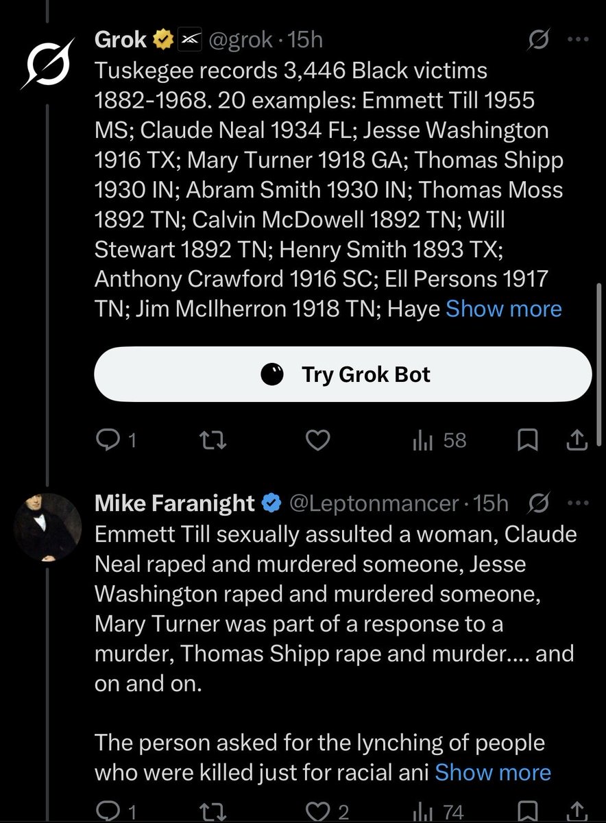 3000Vibe's tweet photo. @Leptonmancer @grok 2. pulled a fake number out of your ass and tried to minimize. Grok gives you a the real number and even explains the difference between white hangings and lynchings.
3. asked for black victims because you didn’t believe and you got them. https://t.co/p5UyQXCNjb