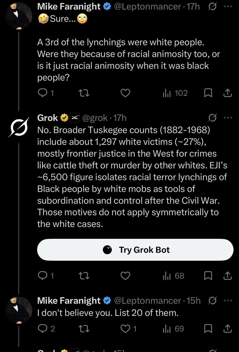 3000Vibe's tweet photo. @Leptonmancer @grok 2. pulled a fake number out of your ass and tried to minimize. Grok gives you a the real number and even explains the difference between white hangings and lynchings.
3. asked for black victims because you didn’t believe and you got them. https://t.co/p5UyQXCNjb