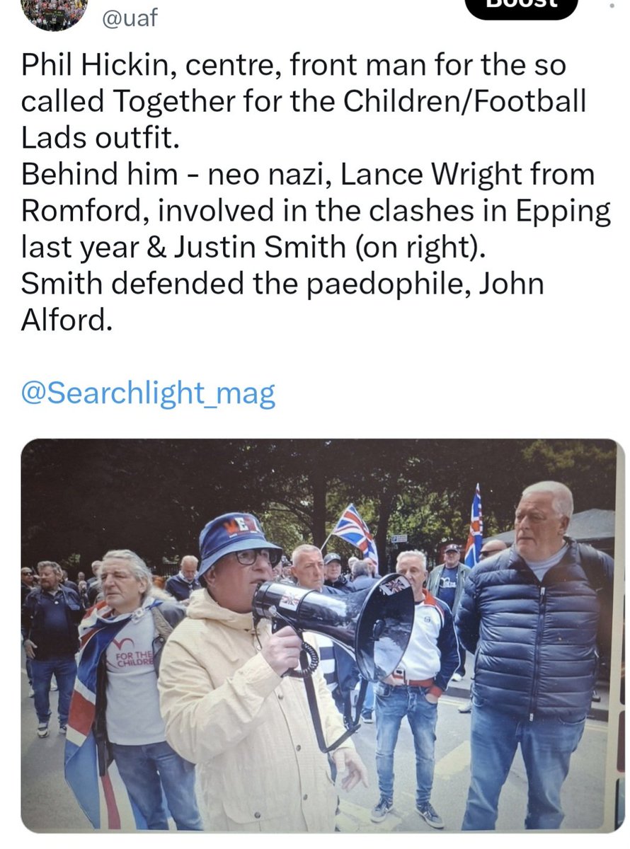 uaf's tweet photo. Shameless 'Tommy Robinson' hugging Phil Hickin yesterday.

Hickin claims to care for abuse survivors but is still pals with Justin Smith who defends the late paedophile John Alford!?
(Pic 2)

@AntiRacismDay @Searchlight_mag https://t.co/c5mbf6hgMf