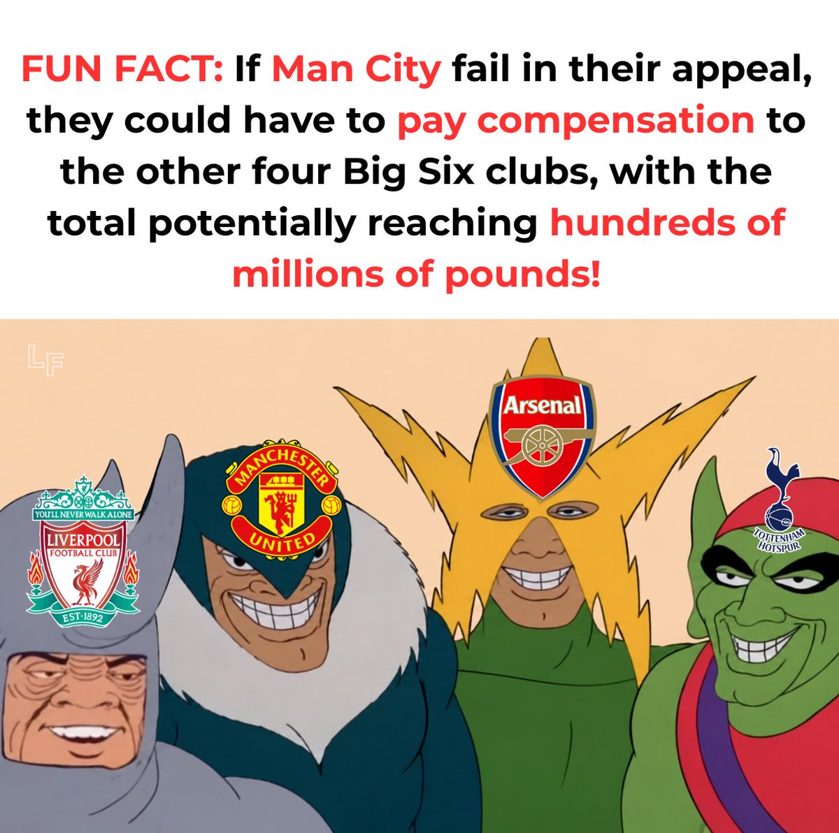 LanksFootball's tweet photo. Looks like the "Cityzens" are heading back to the countryside after this one! 🥹

Right after Man City were found guilty on 114 out of 115 financial charges (spanning 2009–2018), the strategic move made by Man United, Liverpool, Arsenal, and Tottenham back in November 2024 is officially paying off. Under UK law, the statute of limitations for compensation claims is strictly 6 years from when the scandal was first exposed by the press (November 2018), and these four giants managed to file legal notices reserving their right to sue just before the deadline expired.

The projected payout of over £200 million (~$265M) per club is based on actual damages suffered across the 9 seasons Man City were pumping in cash to bend the rules. During that period, United and Liverpool were robbed of Premier League titles after agonizingly close runner-up finishes, while Arsenal and Spurs were repeatedly pushed out of the Top 4—costing them hundreds of millions of pounds in prize money, Champions League broadcasting revenue, and sponsorship bonuses. And that’s not even counting potential relegation or stripped titles! 🐧

The prospect of Man City having to cough up the cash is 100% real—especially since just this past June, Everton lost their case and were ordered to pay Burnley £35.1 million for a single financial breach in just one season. Man City still have the right to appeal, which could drag the process into 2027, but the moment the final verdict is locked in, those four rivals will officially trigger the biggest "debt collection" in football history!
