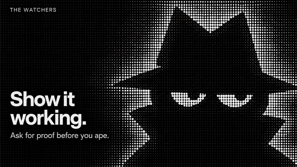 WatchersLabs's tweet photo. Before you ape another “utility” coin, ask the team to show you the thing working.

They say it’s an on-chain launchpad? 

Ask for the program address and a tx from a launch made through it. Sending you the token CA doesn’t answer that question.

Trading platform? 

Show a trade getting filled and the money getting withdrawn. Where does your deposit go, and who controls that wallet?

Buybacks from revenue? 

Revenue from what? Show where it came from and the actual buyback.

AI agent? 

Give it a task yourself. See whether it can do what they’re advertising.

You can have a nice website, charts, a connect wallet button and still have barely anything working behind them. Even a deployed contract only gets you so far. What does it actually do, and is the app using it?

Also ask what the dev can change after you deposit. Can they move the funds? Change the rules? Stop withdrawals?

An early build is fine. Just tell people it’s early. Don’t advertise features as live and then call everyone impatient when they ask to see them.

And yeah, you can do all of this and still get farmed.

A team can build a working product, provide the receipts, then spend the next week farming attention and moving on to another coin. We’ve seen it happen. Proof that something works doesn’t tell you how long the people behind it will stick around.

Other teams might genuinely try and still fail. The product doesn’t attract users, nobody keeps using it, or the team can’t grow it beyond the launch. Technical verification can’t tell you in advance which business will succeed, or whether its token will be worth anything.

But asking for basic proof would make it harder to launch a website, claim 10 features and collect everyone’s money without demonstrating any of them. I think we’d see fewer empty projects if more people expected this as standard.

That’s where The Watchers tries to help. We look into the claims, show what we found and give you sources you can check yourself.

We can’t verify every project or every feature. Our reviews reflect the evidence available when we check. A team can ship something new tomorrow, change how the product works or stop building altogether. That’s why the details and the date of a review matter more than taking its assessment as a buy signal.

I’m sharing these questions because you should be able to ask them yourself too.

“But if I wait for proof, I might miss the pump.”

Yeah, you might. Sometimes the price will run before you get an answer. Checking first won’t always make you more money, and it won’t remove the risk.

But buying before you understand what works is a risk you’re choosing. Being early doesn’t make the claims true.

I’d rather spend a little time checking and miss some trades than keep paying for features that only existed in a tweet.
