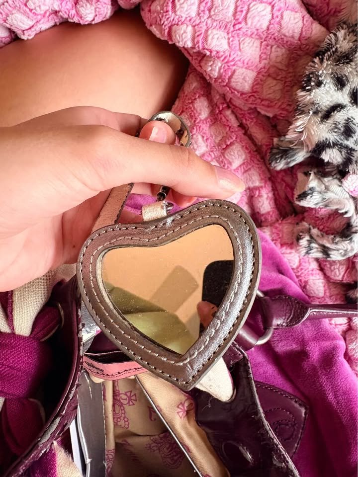 MeccanElixir's tweet photo. Vintage juicy couture bag from 2009; inside is peeling, but outside is in perfect condition for $150... with the mirror attached? I am in LOVE. https://t.co/PCb8jHkGWD