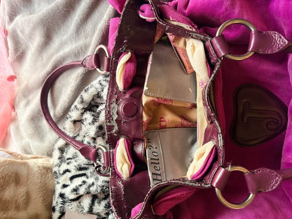 MeccanElixir's tweet photo. Vintage juicy couture bag from 2009; inside is peeling, but outside is in perfect condition for $150... with the mirror attached? I am in LOVE. https://t.co/PCb8jHkGWD