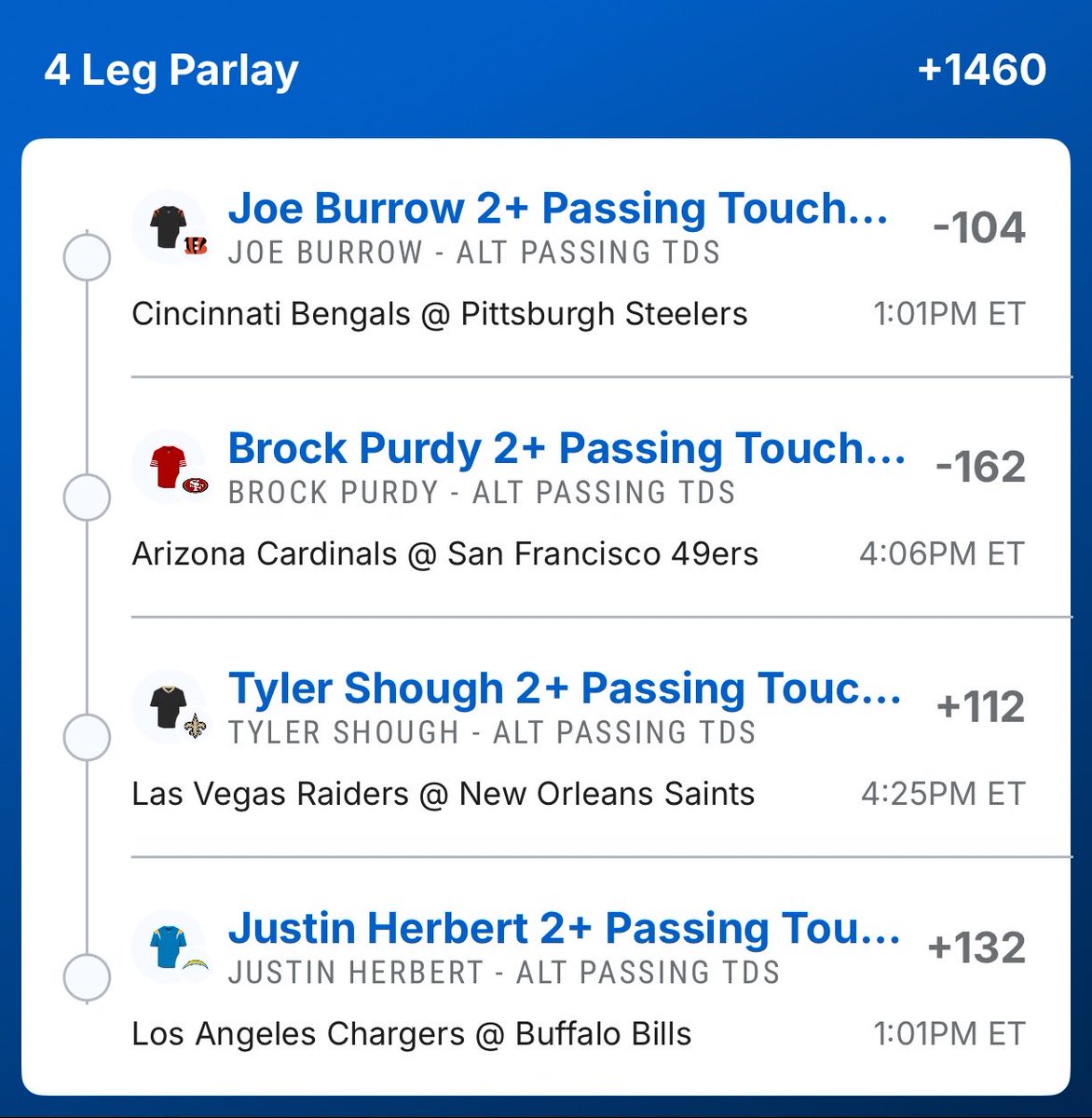 WeLikeBigBets's tweet photo. NFL Week 3 QB 2 Pass TD Lotto @Playbook https://t.co/rCi6GaVDUJ