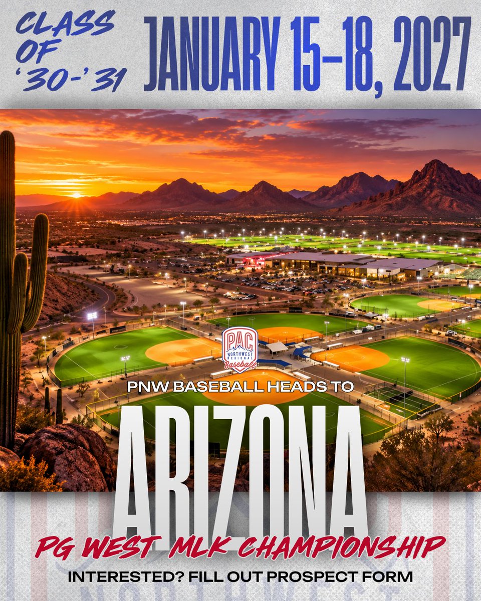 PNWBaseball's tweet photo. 🌵 ARIZONA

Trade the PNW rain for January baseball in the desert. 🌵⚾️

PNW Baseball is headed to Arizona for the Perfect Game West Championships over MLK Weekend, and we’re building two teams for the trip.

📅 January 15-18, 2027
📍 Arizona Athletic Grounds
🏆 Perfect Game West MLK Championships
⚾ 14U | Class of 2031
⚾ 15U | Class of 2030

Invites are starting to go out. 👀

Want the opportunity to represent the PNW in Arizona? Fill out the Prospect Form at https://t.co/O9MBYOUAHp for the opportunity to be selected.

#pacstrong #pnwbaseball #perfectgame #arizonabaseball