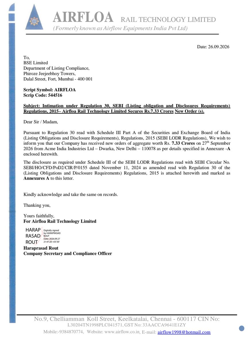 BusinessNewsPo1's tweet photo. Corporate News
🔶📀🔶📀🔶📀🔶📀🔶📀🔶📀🔶
#AirFloaRailTechnology Ltd has received new orders worth Rs. 7.33 Crores on 27th Sep
2026 from Acme India Industries Ltd
#NSE #BSE #StockInNews #StockToWatch #StockToFocus https://t.co/ONVvjxoVUT