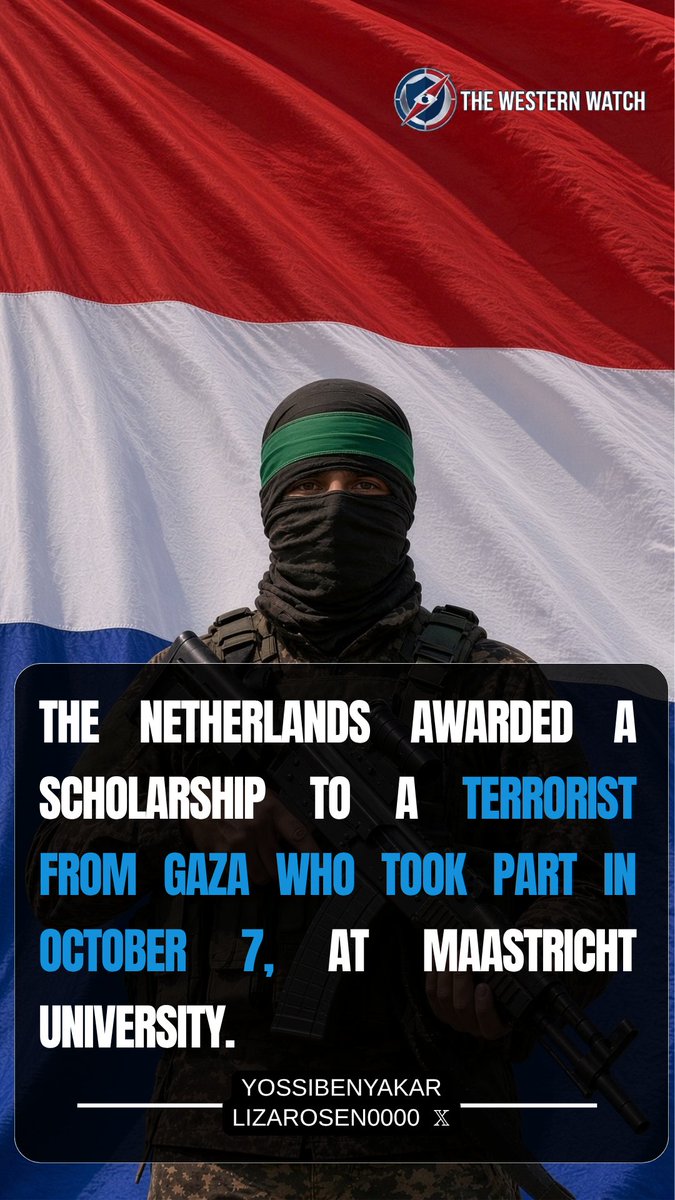 YossiBenYakar's tweet photo. The Netherlands awarded a scholarship to a terrorist from Gaza who took part in October 7, at Maastricht University.

The student posted a video of the October 7 massacre, pointed at the masked Hamas men, and said this is me.

He deleted the video. The university suspended him and said it could not do more than that. According to them he entered the Netherlands on a student visa. They also said they did not know who he was and cannot investigate.

This is not only happening in the Netherlands. It is happening across Europe. Europe simply let terrorists from Gaza in without checking who they are or what they did.

This will blow up in their faces.