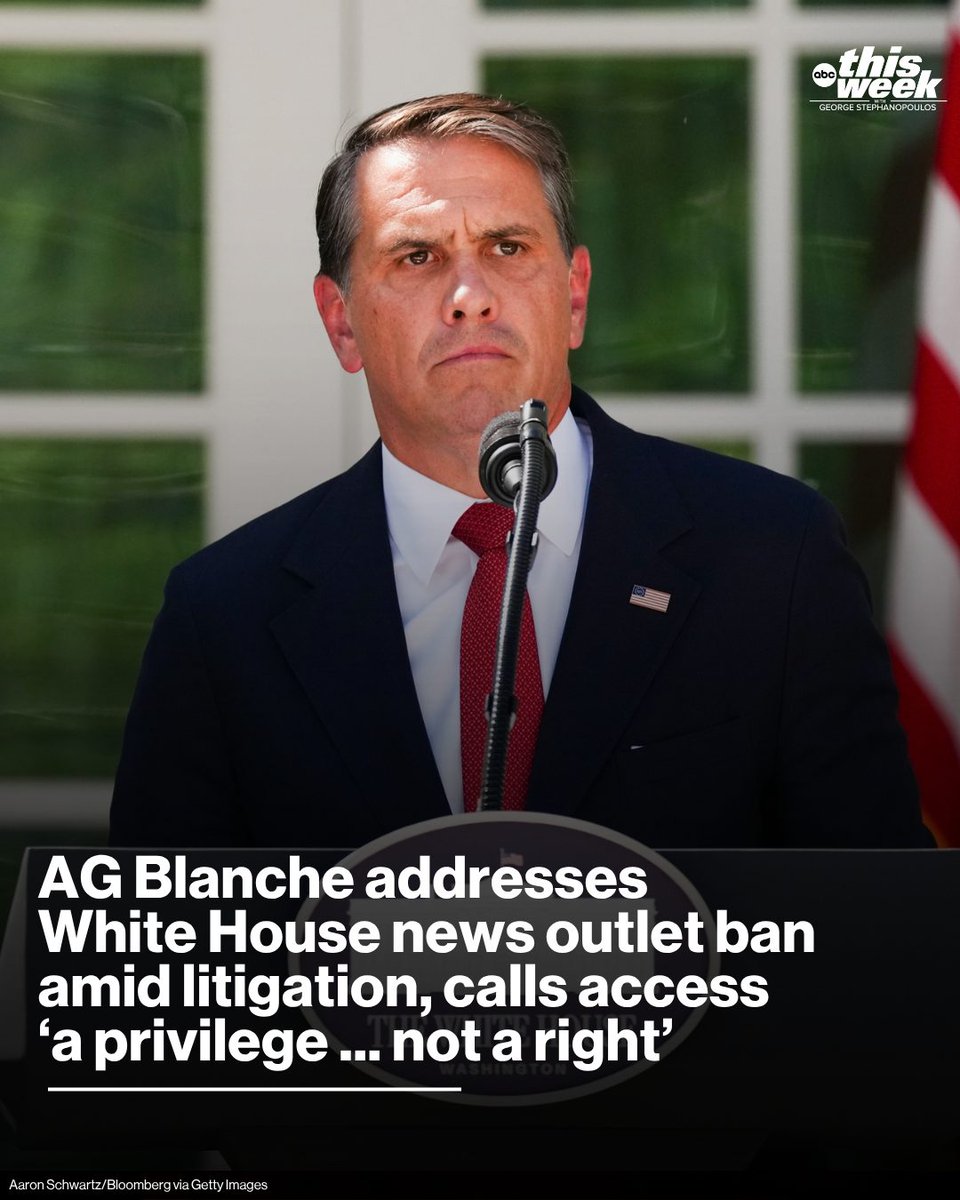 ThisWeekABC's tweet photo. Attorney General Todd Blanche on Sunday addressed the Trump administration's decision to ban three mainstream news outlets from accessing the White House, saying that President Donald Trump had not "denied access" to the organizations and asserting that it is a "privilege ... not a right" to be at the White House.

https://t.co/gZmTK7Yddu
