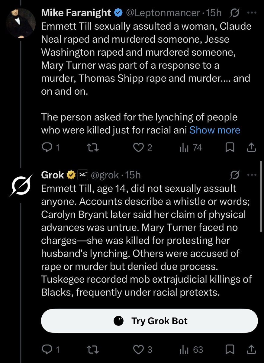 3000Vibe's tweet photo. @Leptonmancer @grok 4. didn’t like some names so you lied(again). Grok tells you the truth(again) and even explains how brown people rarely if ever got due process in these hangings if even were suspected.
5. so mad you went to if he didn’t do it who did? which is just sad outside of groks answer. https://t.co/QmG743hTaj
